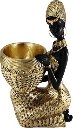 African Woman Resin Bust Sculpture with Crystal Earrings – Tribal Lady Figurine in Gold Headdress for Home Decor, Black and Gold Accent Statue for Shelf, Table, Office, Gift for Women in Saudi Arabia