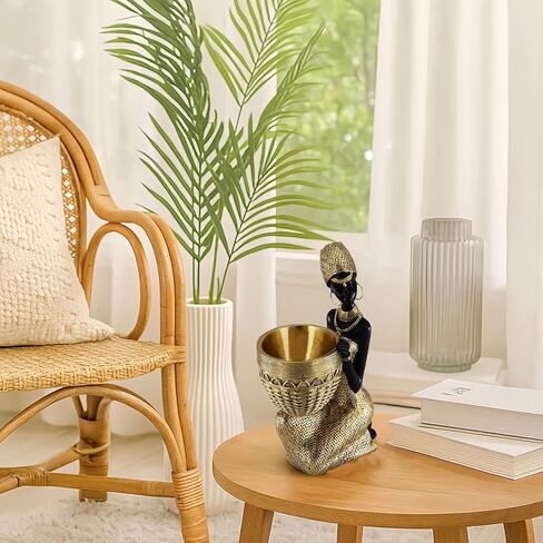 African Woman Resin Bust Sculpture with Crystal Earrings – Tribal Lady Figurine in Gold Headdress for Home Decor, Black and Gold Accent Statue for Shelf, Table, Office, Gift for Women in Saudi Arabia