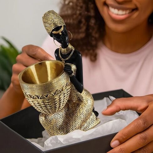 African Woman Resin Bust Sculpture with Crystal Earrings – Tribal Lady Figurine in Gold Headdress for Home Decor, Black and Gold Accent Statue for Shelf, Table, Office, Gift for Women in Saudi Arabia