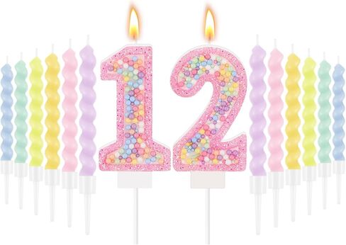 MTLEE Birthday Candle Macaron Glitter 3D Number Candle with 12 Pcs Rainbow Spiral Candles in Holders for Girl Boy Cake Topper Wedding Anniversary Pastel Sweet Theme Party Decoration(Number 3) in Kuwait