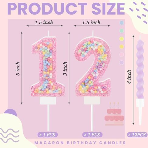 MTLEE Birthday Candle Macaron Glitter 3D Number Candle with 12 Pcs Rainbow Spiral Candles in Holders for Girl Boy Cake Topper Wedding Anniversary Pastel Sweet Theme Party Decoration(Number 3) in Kuwait