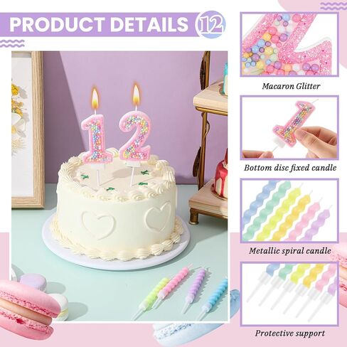 MTLEE Birthday Candle Macaron Glitter 3D Number Candle with 12 Pcs Rainbow Spiral Candles in Holders for Girl Boy Cake Topper Wedding Anniversary Pastel Sweet Theme Party Decoration(Number 3) in Kuwait