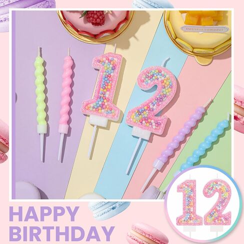 MTLEE Birthday Candle Macaron Glitter 3D Number Candle with 12 Pcs Rainbow Spiral Candles in Holders for Girl Boy Cake Topper Wedding Anniversary Pastel Sweet Theme Party Decoration(Number 3) in Kuwait