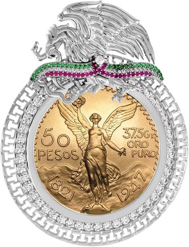 Sterling Silver Tricolor CZ 37mm Centenario 50 Peso Gold Coin Bezel Mexican Coat of Arms Coin Not Included in Saudi Arabia