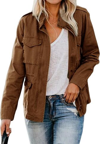 Women's Fall Stand Collar Zip Up Military Anorak Jackets Buttons Parka Safari Coats Outwear Pocket Cotton Jacket in Kuwait