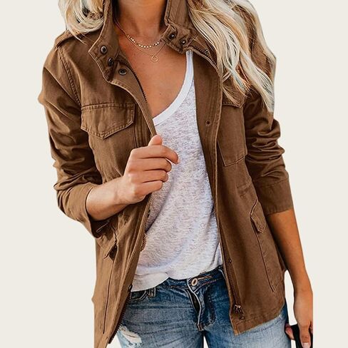 Women's Fall Stand Collar Zip Up Military Anorak Jackets Buttons Parka Safari Coats Outwear Pocket Cotton Jacket in Kuwait