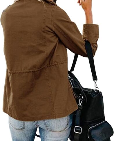 Women's Fall Stand Collar Zip Up Military Anorak Jackets Buttons Parka Safari Coats Outwear Pocket Cotton Jacket in Kuwait