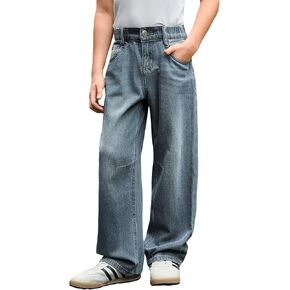 Haloumoning Boys Casual Straight Leg Baggy Jeans Kids Elastic Waist Loose Denim Pants with Pockets 5-14 Years in Kuwait