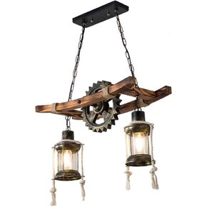 ثريا المزارع الصناعي ، 2-Light Rustic Wood Light مع التروس والحبال المعدنية ، مصباح سقف قابل للتعديل لغرفة الطعام غرفة المعيشة ، E27 قاعدة in Saudi Arabia