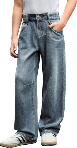 Haloumoning Boys Casual Straight Leg Baggy Jeans Kids Elastic Waist Loose Denim Pants with Pockets 5-14 Years in Saudi Arabia