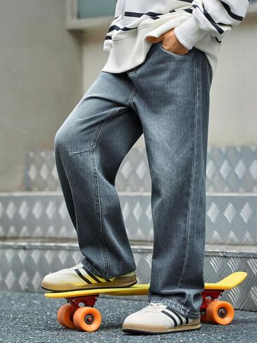 Haloumoning Boys Casual Straight Leg Baggy Jeans Kids Elastic Waist Loose Denim Pants with Pockets 5-14 Years in Saudi Arabia