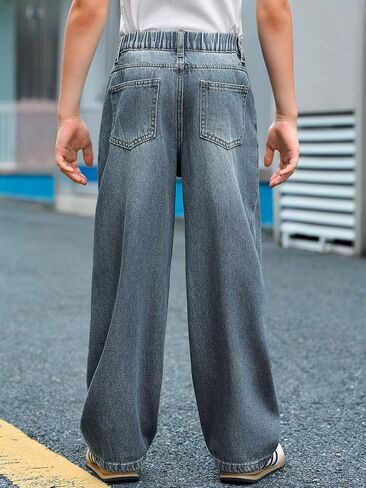 Haloumoning Boys Casual Straight Leg Baggy Jeans Kids Elastic Waist Loose Denim Pants with Pockets 5-14 Years in Saudi Arabia