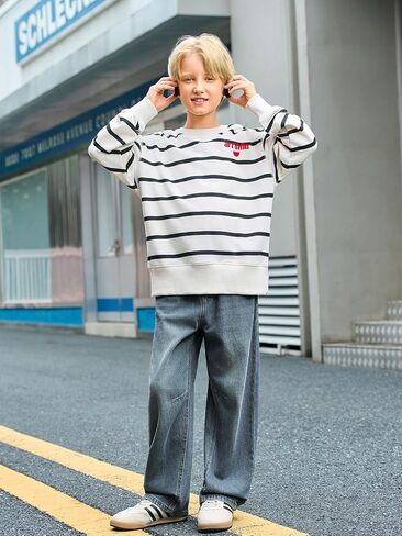 Haloumoning Boys Casual Straight Leg Baggy Jeans Kids Elastic Waist Loose Denim Pants with Pockets 5-14 Years in Saudi Arabia