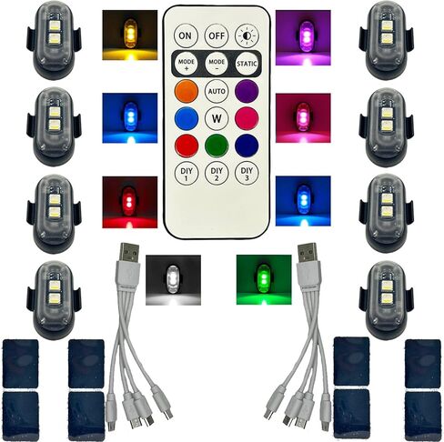 8pcs أضواء LED اللاسلكية للسيارة مع التحكم عن بعد ، LED اللاسلكي LED أضواء strobe 8 ألوان شحن USB in Kuwait