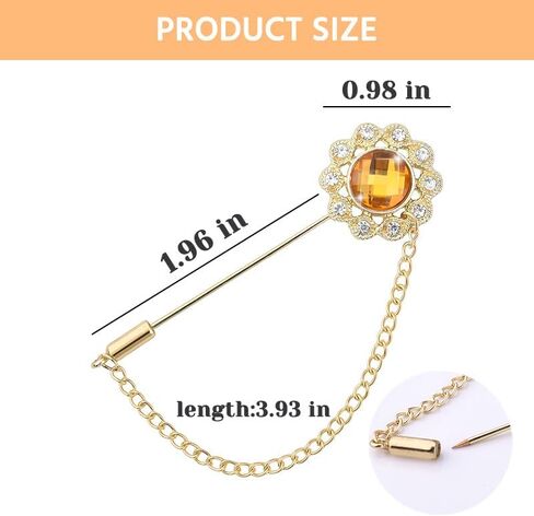 Crystal Brooch Pin Mens Flower Lapel Pins for Suits Gem Brooch Pins Rhinestone Lapel Pin With Chain for Men Wedding Anniversary Birthday Gifts for Husband Dad Friends in Kuwait