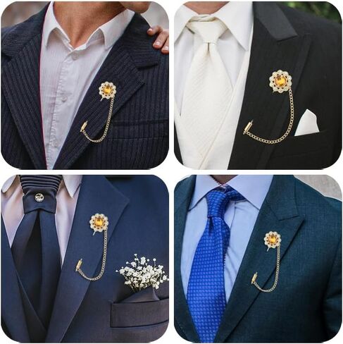 Crystal Brooch Pin Mens Flower Lapel Pins for Suits Gem Brooch Pins Rhinestone Lapel Pin With Chain for Men Wedding Anniversary Birthday Gifts for Husband Dad Friends in Kuwait
