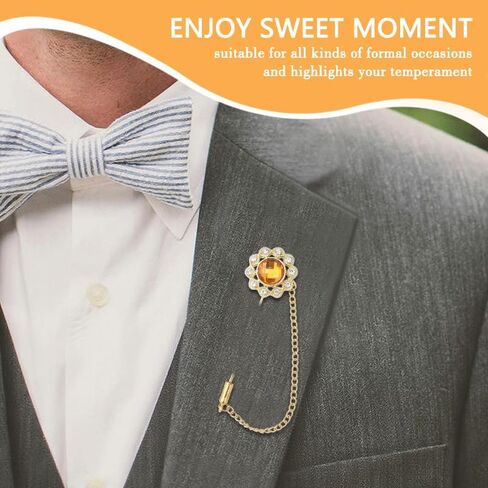 Crystal Brooch Pin Mens Flower Lapel Pins for Suits Gem Brooch Pins Rhinestone Lapel Pin With Chain for Men Wedding Anniversary Birthday Gifts for Husband Dad Friends in Kuwait