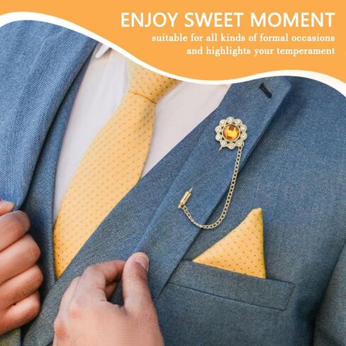 Crystal Brooch Pin Mens Flower Lapel Pins for Suits Gem Brooch Pins Rhinestone Lapel Pin With Chain for Men Wedding Anniversary Birthday Gifts for Husband Dad Friends in Kuwait