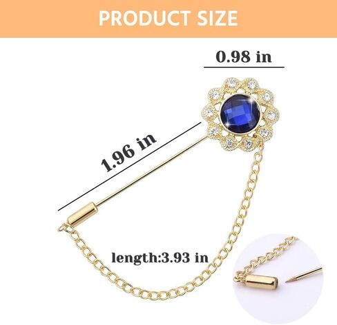Crystal Brooch Pin Mens Flower Lapel Pins for Suits Gem Brooch Pins Rhinestone Lapel Pin With Chain for Men Wedding Anniversary Birthday Gifts for Husband Dad Friends in Saudi Arabia