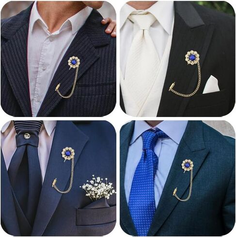 Crystal Brooch Pin Mens Flower Lapel Pins for Suits Gem Brooch Pins Rhinestone Lapel Pin With Chain for Men Wedding Anniversary Birthday Gifts for Husband Dad Friends in Saudi Arabia