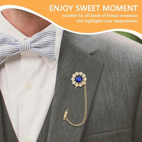 Crystal Brooch Pin Mens Flower Lapel Pins for Suits Gem Brooch Pins Rhinestone Lapel Pin With Chain for Men Wedding Anniversary Birthday Gifts for Husband Dad Friends in Saudi Arabia