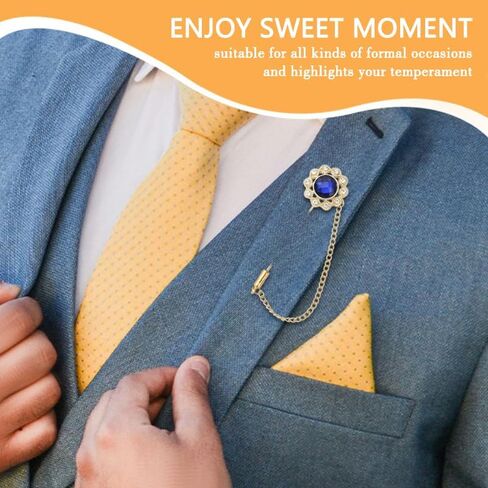 Crystal Brooch Pin Mens Flower Lapel Pins for Suits Gem Brooch Pins Rhinestone Lapel Pin With Chain for Men Wedding Anniversary Birthday Gifts for Husband Dad Friends in Saudi Arabia