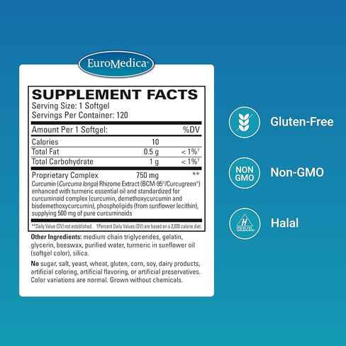 Euromedica Curapro - ملحق مضادات الأكسدة لدعم الصحة والمناعة - مكملات غذائية مع الكركمين والزيت الأساسي الكركم - دعم الكبد العشبي - 60 Softgels in Kuwait