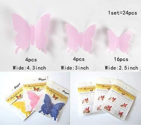 24pcs kawaii 3d butterfly ملصقات جدارية قابل للإزالة ملصقات الجدار شارات للمنزل والبنات الديكور (الوردي) in Saudi Arabia