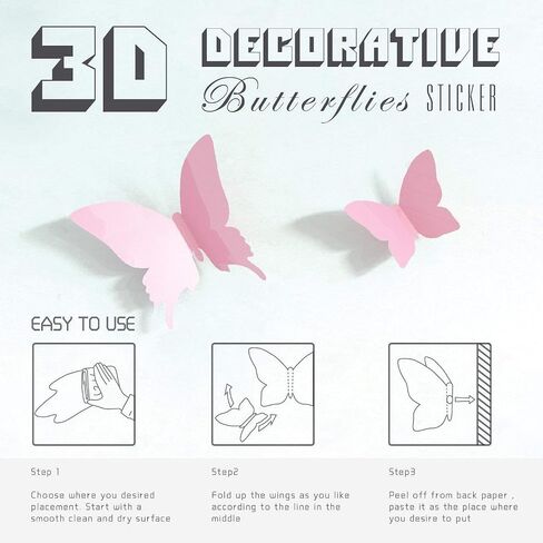 24pcs kawaii 3d butterfly ملصقات جدارية قابل للإزالة ملصقات الجدار شارات للمنزل والبنات الديكور (الوردي) in Saudi Arabia