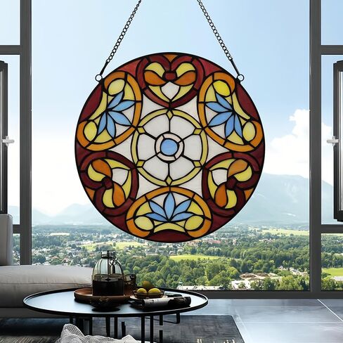 نافذة زجاجية ملونة معلقة على طراز Tiffany Plant Style 12 "Roud Yellow Flower Suncatchers Decor Decor in Saudi Arabia
