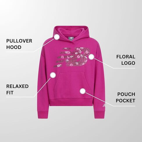New Balance Girls Hoodie-لطيف مريح ناعم من القطن الصوف مزيج من البلوزات ، والكتف قطرة ، وأحجام 4-16 in Saudi Arabia