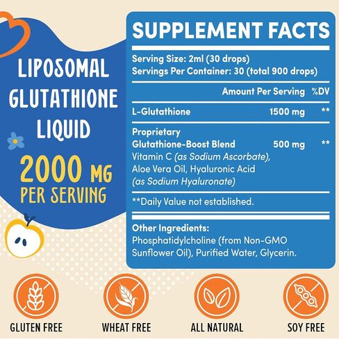 2000MG Liposomal Glutathione Liquid, 98% Absorption, Active Form L-Glutathione Supplement, Vegan Friendly, Powerful Antioxidant Complex for Immune System, Aging Defense, Detox, 2 FL.OZ in Saudi Arabia