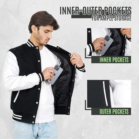 Premium Quality Varsity Jacket Men with White Genuine Leather Sleeves-Lightweight Baseball Jacket Men-Classic Men's Varsity Jackets for Everyday Use-Black and White letterman jacket men in Saudi Arabia