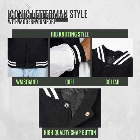 Premium Quality Varsity Jacket Men with White Genuine Leather Sleeves-Lightweight Baseball Jacket Men-Classic Men's Varsity Jackets for Everyday Use-Black and White letterman jacket men in Saudi Arabia