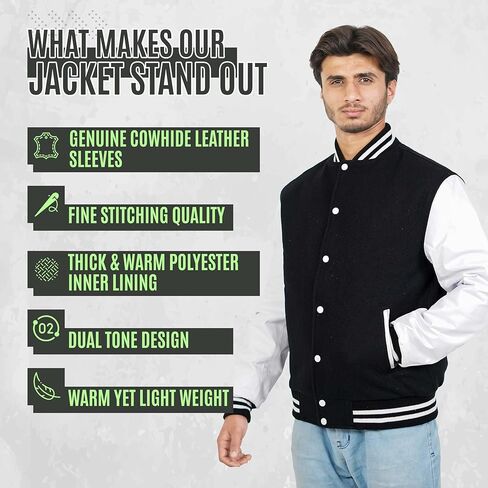 Premium Quality Varsity Jacket Men with White Genuine Leather Sleeves-Lightweight Baseball Jacket Men-Classic Men's Varsity Jackets for Everyday Use-Black and White letterman jacket men in Saudi Arabia
