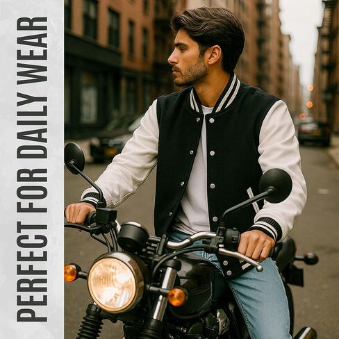 Premium Quality Varsity Jacket Men with White Genuine Leather Sleeves-Lightweight Baseball Jacket Men-Classic Men's Varsity Jackets for Everyday Use-Black and White letterman jacket men in Saudi Arabia