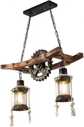 Industrial Farmhouse Chandelier, 2-Light Rustic Wood Pendant Light with Metal Gears & Rope, Adjustable Ceiling Lamp for Dining Room Kitchen Island Bar Living Room, E27 Base in Saudi Arabia