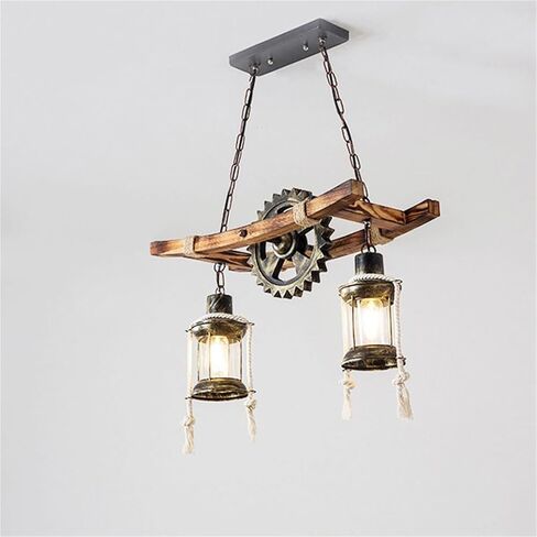 Industrial Farmhouse Chandelier, 2-Light Rustic Wood Pendant Light with Metal Gears & Rope, Adjustable Ceiling Lamp for Dining Room Kitchen Island Bar Living Room, E27 Base in Saudi Arabia