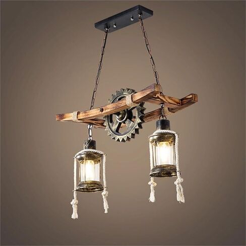 Industrial Farmhouse Chandelier, 2-Light Rustic Wood Pendant Light with Metal Gears & Rope, Adjustable Ceiling Lamp for Dining Room Kitchen Island Bar Living Room, E27 Base in Saudi Arabia