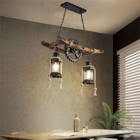 Industrial Farmhouse Chandelier, 2-Light Rustic Wood Pendant Light with Metal Gears & Rope, Adjustable Ceiling Lamp for Dining Room Kitchen Island Bar Living Room, E27 Base in Saudi Arabia