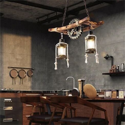 Industrial Farmhouse Chandelier, 2-Light Rustic Wood Pendant Light with Metal Gears & Rope, Adjustable Ceiling Lamp for Dining Room Kitchen Island Bar Living Room, E27 Base in Saudi Arabia
