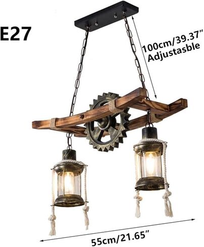 Industrial Farmhouse Chandelier, 2-Light Rustic Wood Pendant Light with Metal Gears & Rope, Adjustable Ceiling Lamp for Dining Room Kitchen Island Bar Living Room, E27 Base in Saudi Arabia