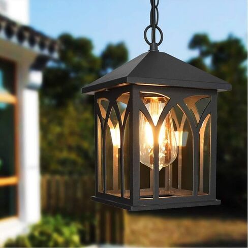 LNPTAL Outdoor Hanging Lantern, Vintage Black Pendant Light with Clear Glass, Waterproof Exterior Lighting Fixture, E26/E27 for Porch Patio Gazebo Entryway in Saudi Arabia