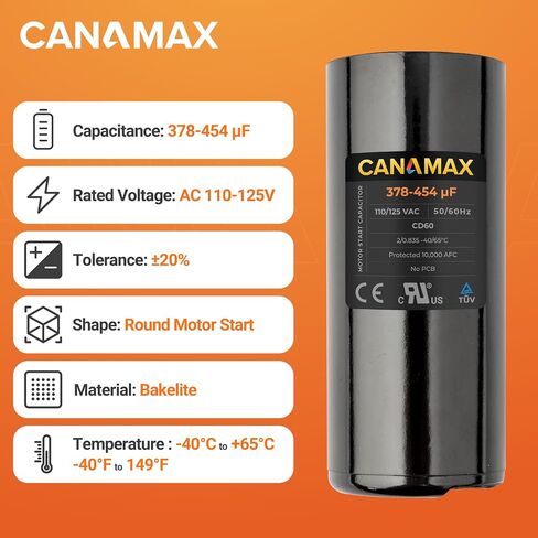Canamax 161-193 uf/MFD 110-125 VAC ±20% 50/60 Hz CD60 Round Motor Well Pump Start Capacitor - Replacement for Central Air-Conditioners, Heat Pumps, Condenser Fan Motors, Refrigerators, Washers in Saudi Arabia