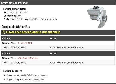Brake Master Cylinder - Compatible with 1970-1979 Ford F600 with Single Hydraulic System in Saudi Arabia