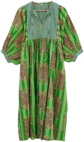 Handmade Green Kaftan Dress with Bold Tiger Print – Cotton Kimono Robe Maxi with Striped Yoke & Balloon Sleeves, Boho Lounge Wear in Saudi Arabia