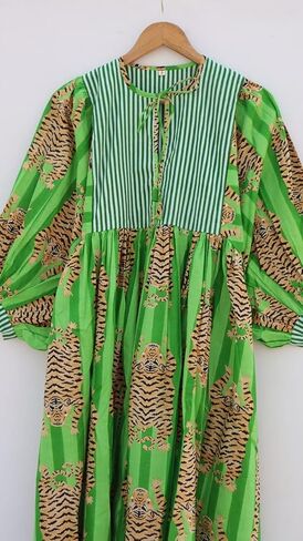 Handmade Green Kaftan Dress with Bold Tiger Print – Cotton Kimono Robe Maxi with Striped Yoke & Balloon Sleeves, Boho Lounge Wear in Saudi Arabia