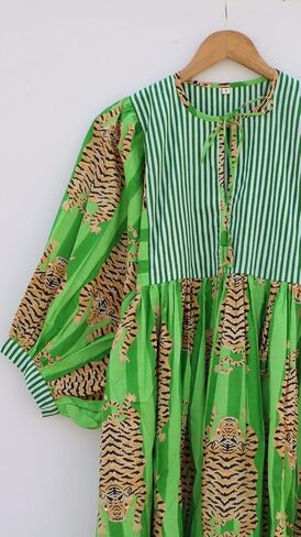 Handmade Green Kaftan Dress with Bold Tiger Print – Cotton Kimono Robe Maxi with Striped Yoke & Balloon Sleeves, Boho Lounge Wear in Saudi Arabia
