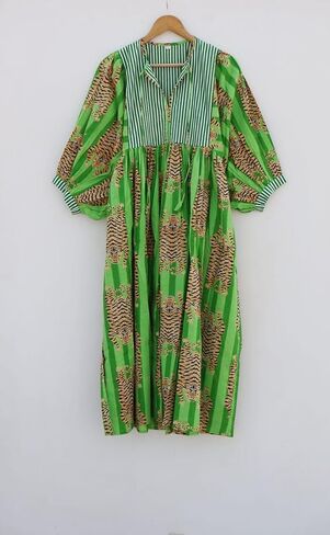 Handmade Green Kaftan Dress with Bold Tiger Print – Cotton Kimono Robe Maxi with Striped Yoke & Balloon Sleeves, Boho Lounge Wear in Saudi Arabia