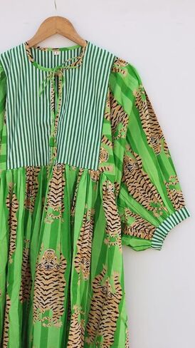 Handmade Green Kaftan Dress with Bold Tiger Print – Cotton Kimono Robe Maxi with Striped Yoke & Balloon Sleeves, Boho Lounge Wear in Saudi Arabia